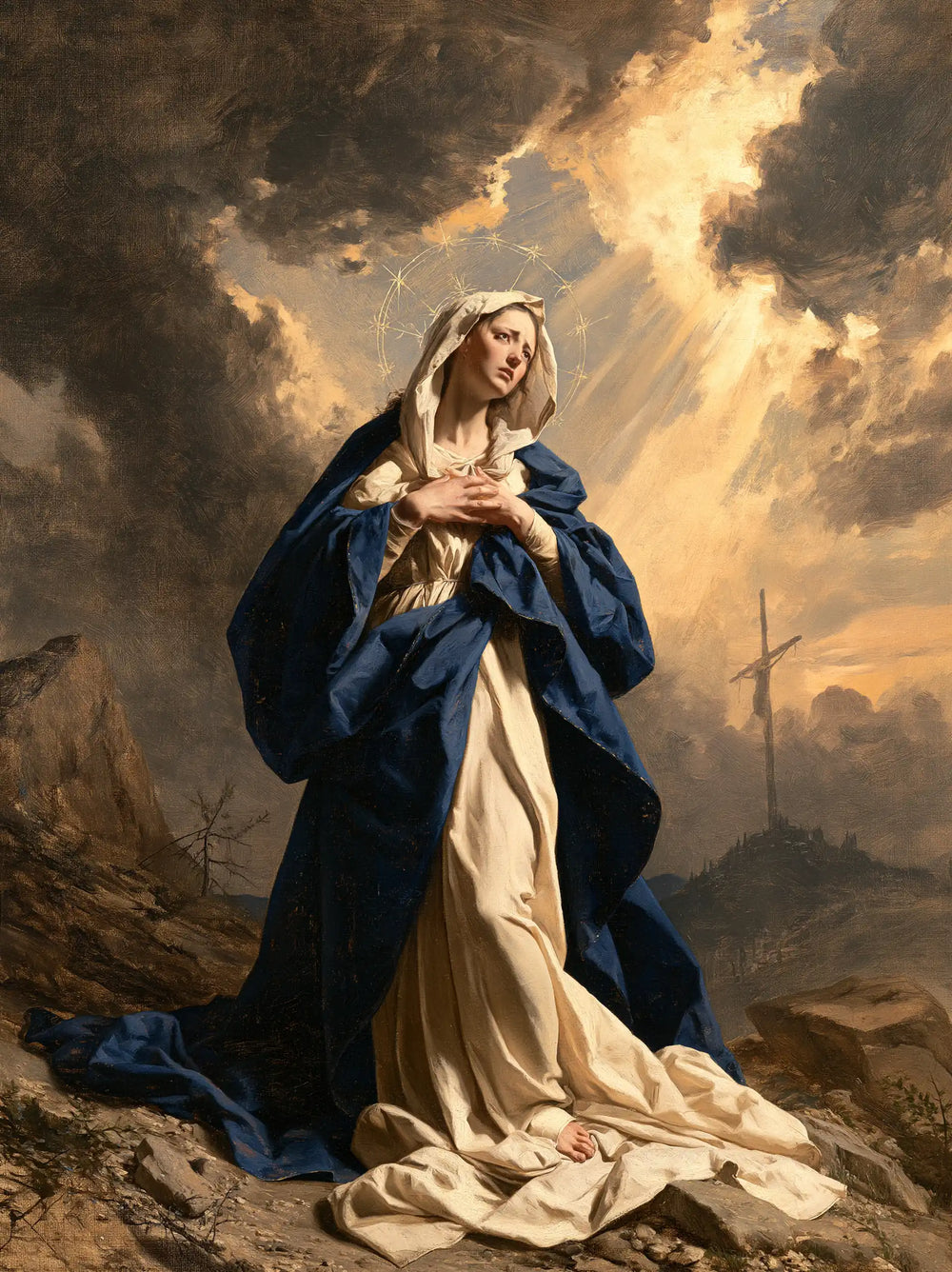 Our Lady of Sorrows in a monumental sacred view in Sacred Monumental View style, portrait Christian artwork no. 18
