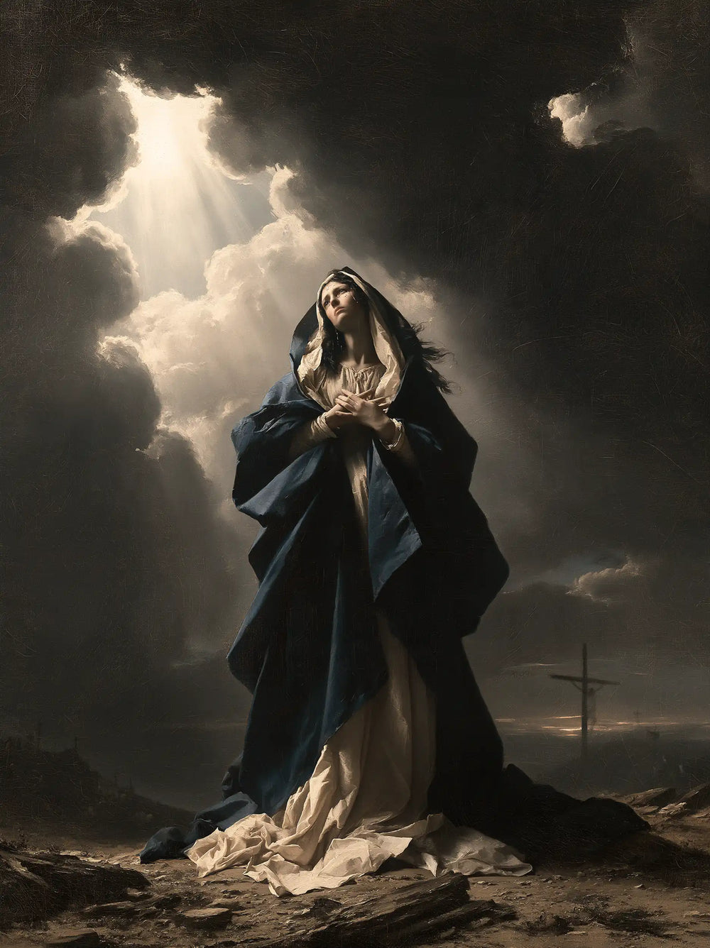 Our Lady of Sorrows in a monumental sacred view in Sacred Monumental View style, portrait Christian artwork no. 20