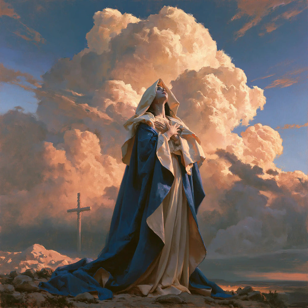 Our Lady of Sorrows in a monumental sacred view in Sacred Monumental View style, square Christian artwork no. 2