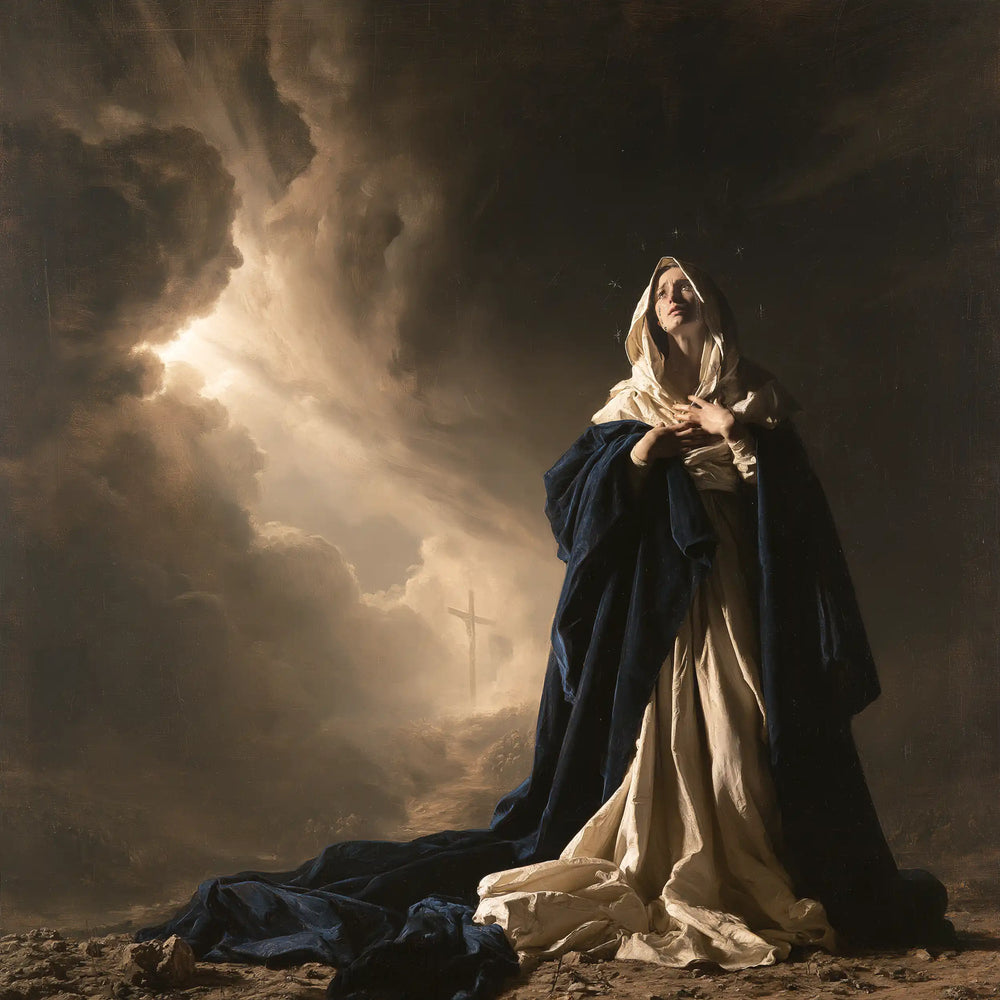 Our Lady of Sorrows in a monumental sacred view in Sacred Monumental View style, square Christian artwork no. 7
