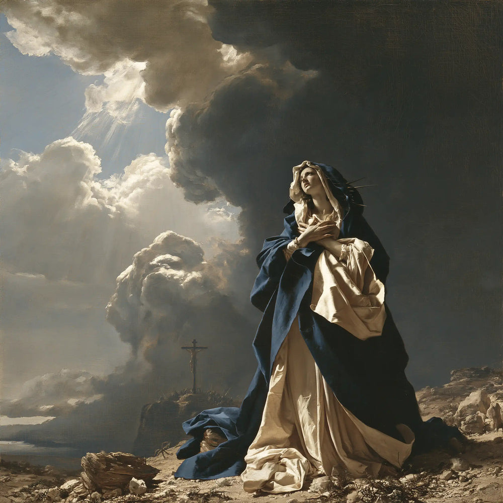 Our Lady of Sorrows in a monumental sacred view in Sacred Monumental View style, square Christian artwork no. 9