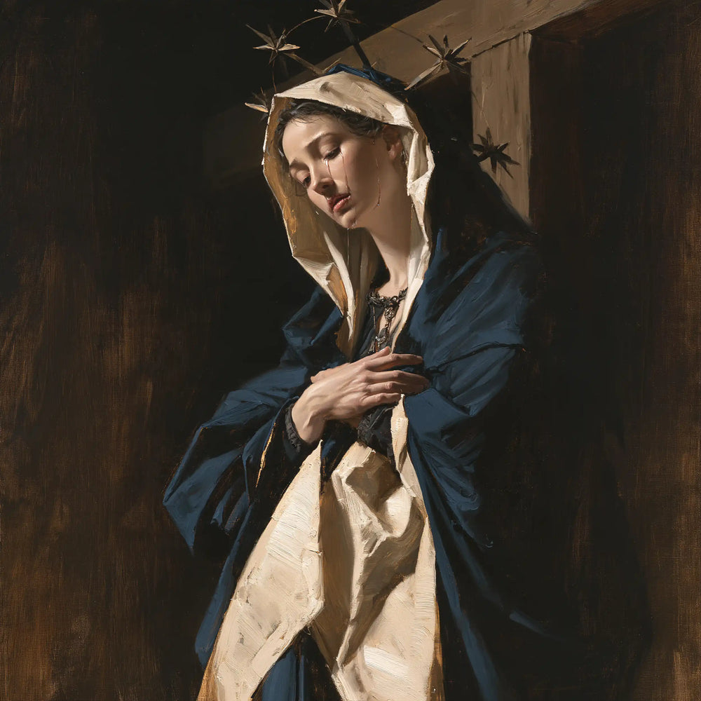 Our Lady of Sorrows in silent contemplation in The Silence of Mary style, square Christian artwork no. 1