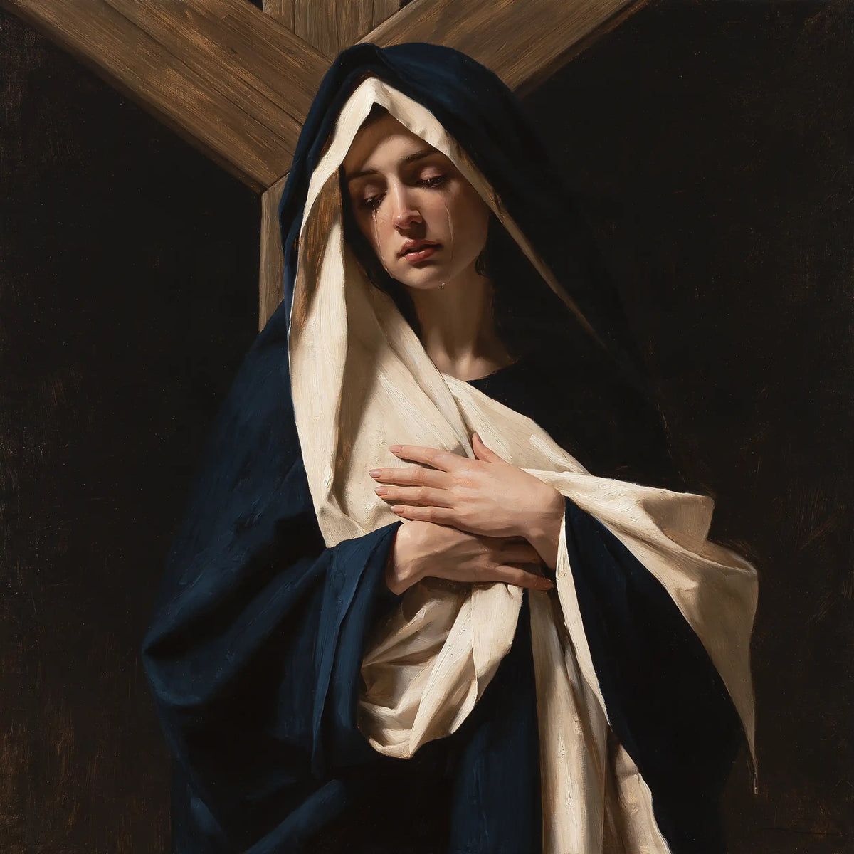 Our Lady of Sorrows in silent contemplation in The Silence of Mary style, square Christian artwork no. 3