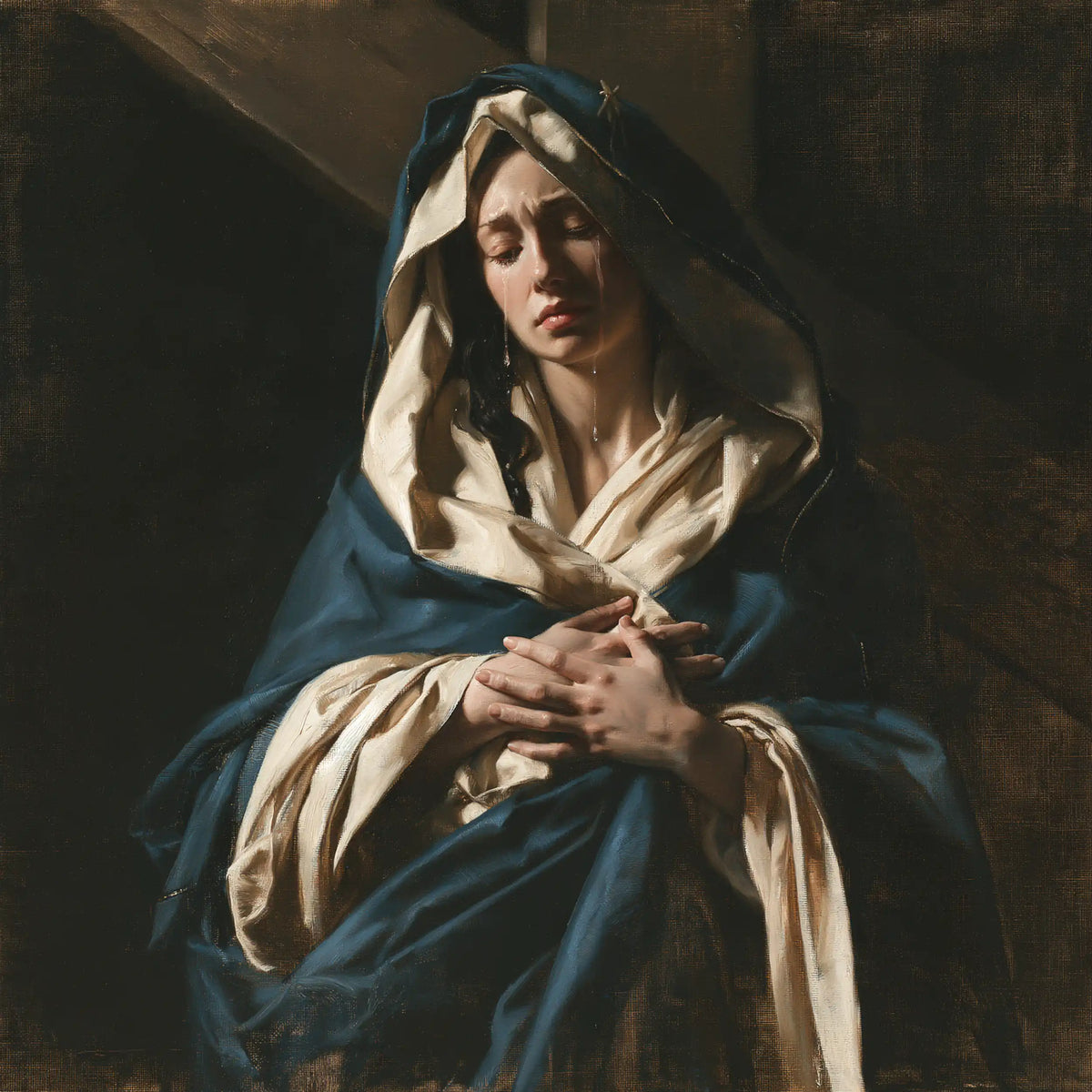 Our Lady of Sorrows in silent contemplation in The Silence of Mary style, square Christian artwork no. 4