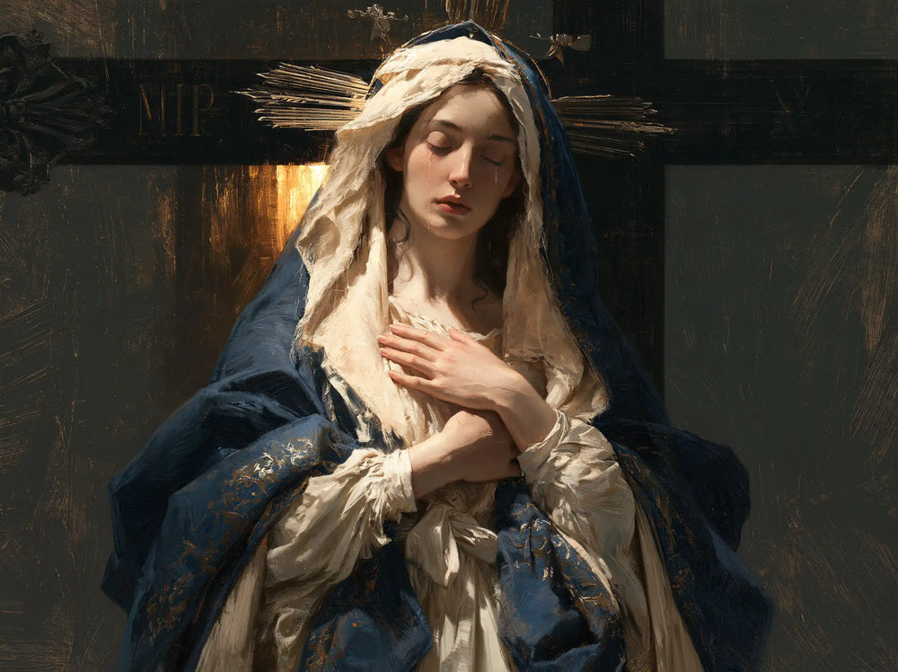 Our Lady of Sorrows between grief and hope in Sorrow and Hope style, landscape Christian artwork no. 5