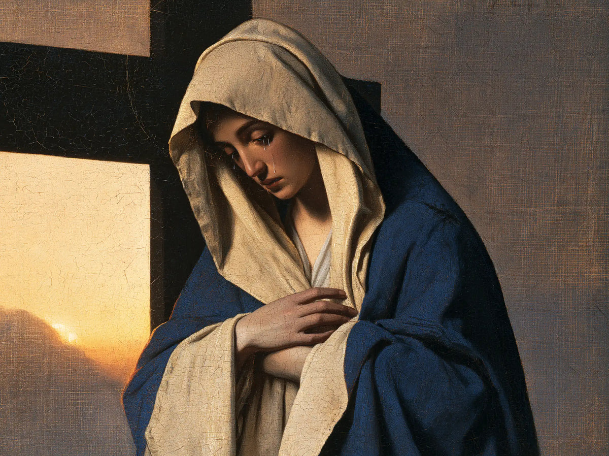 Our Lady of Sorrows between grief and hope in Sorrow and Hope style, landscape Christian artwork no. 7