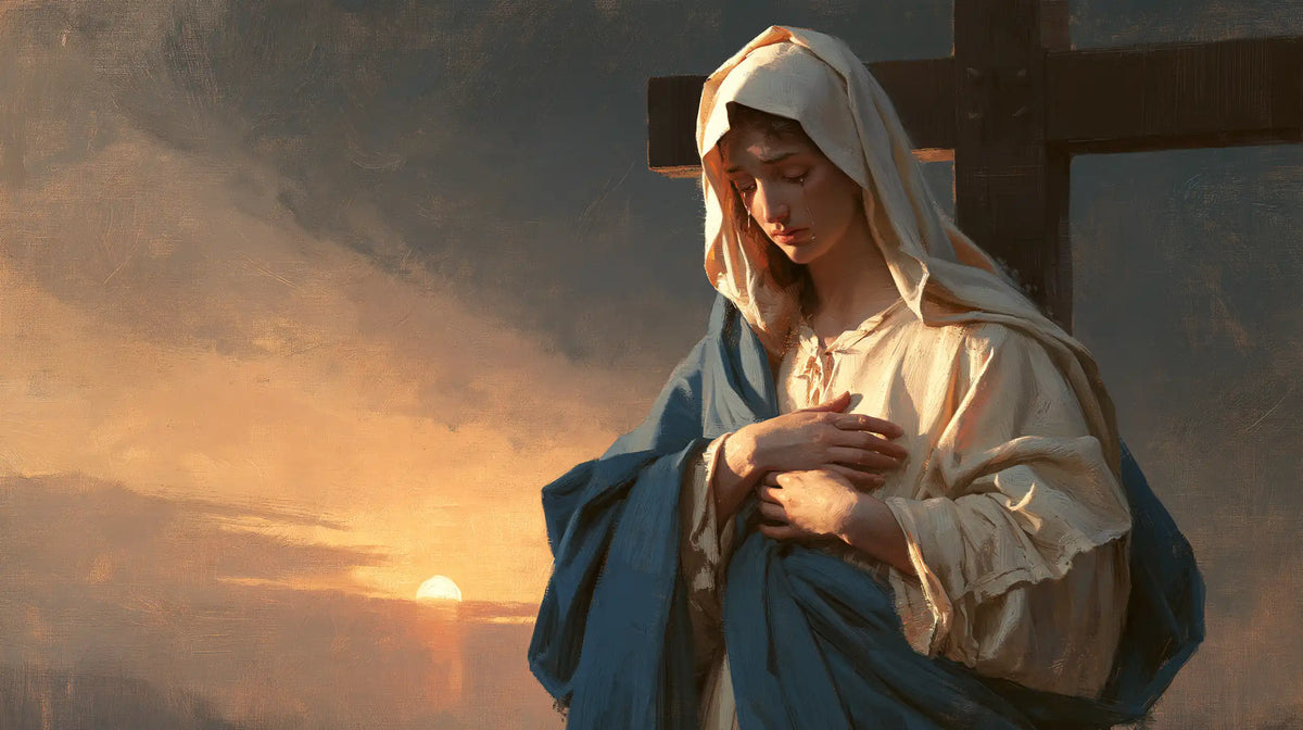 Our Lady of Sorrows between grief and hope in Sorrow and Hope style, landscape Christian artwork no. 10