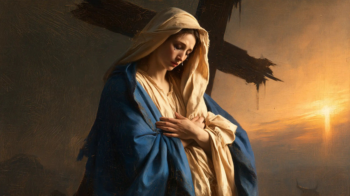 Our Lady of Sorrows between grief and hope in Sorrow and Hope style, landscape Christian artwork no. 13