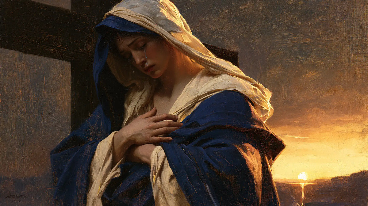 Our Lady of Sorrows between grief and hope in Sorrow and Hope style, landscape Christian artwork no. 16