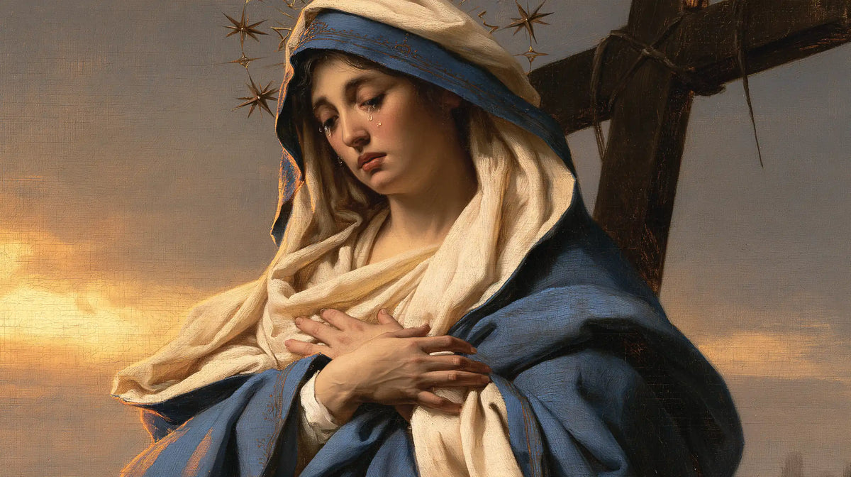 Our Lady of Sorrows between grief and hope in Sorrow and Hope style, landscape Christian artwork no. 17
