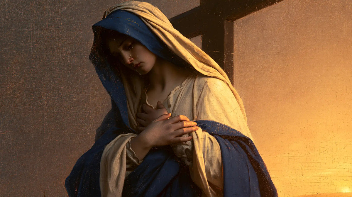Our Lady of Sorrows between grief and hope in Sorrow and Hope style, landscape Christian artwork no. 18