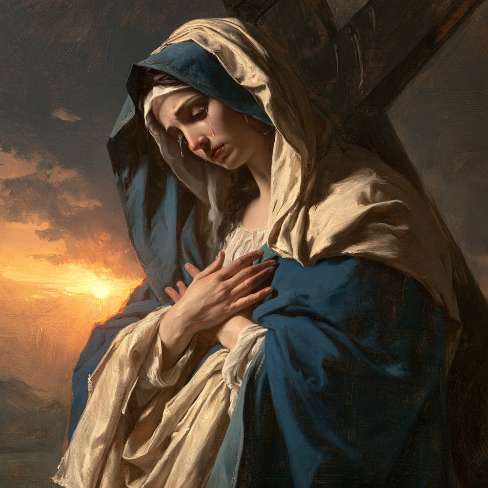 Our Lady of Sorrows between grief and hope in Sorrow and Hope style, square Christian artwork no. 5