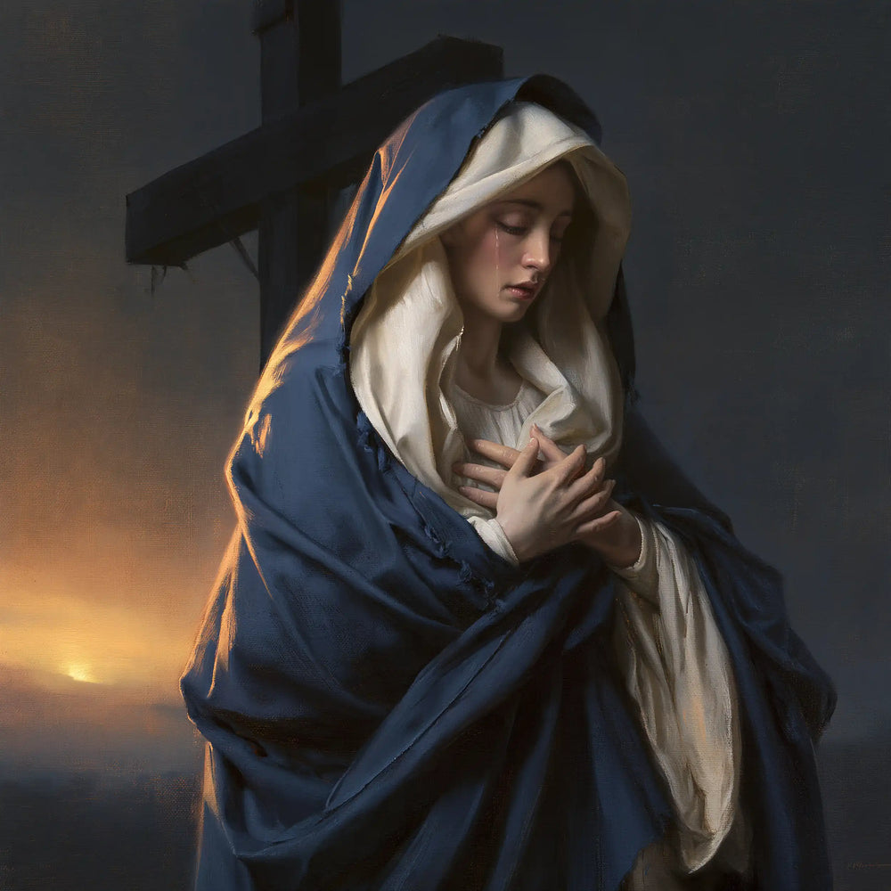 Our Lady of Sorrows between grief and hope in Sorrow and Hope style, square Christian artwork no. 6