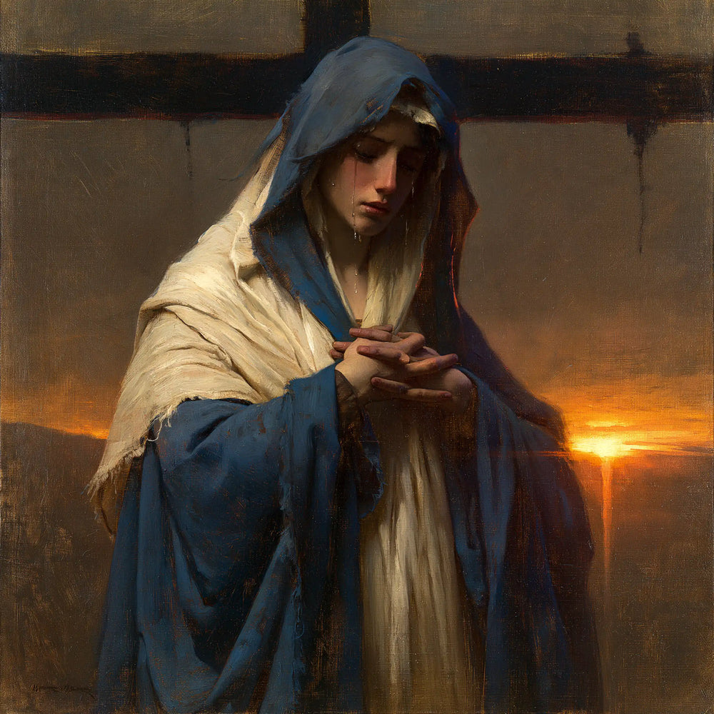 Our Lady of Sorrows between grief and hope in Sorrow and Hope style, square Christian artwork no. 7