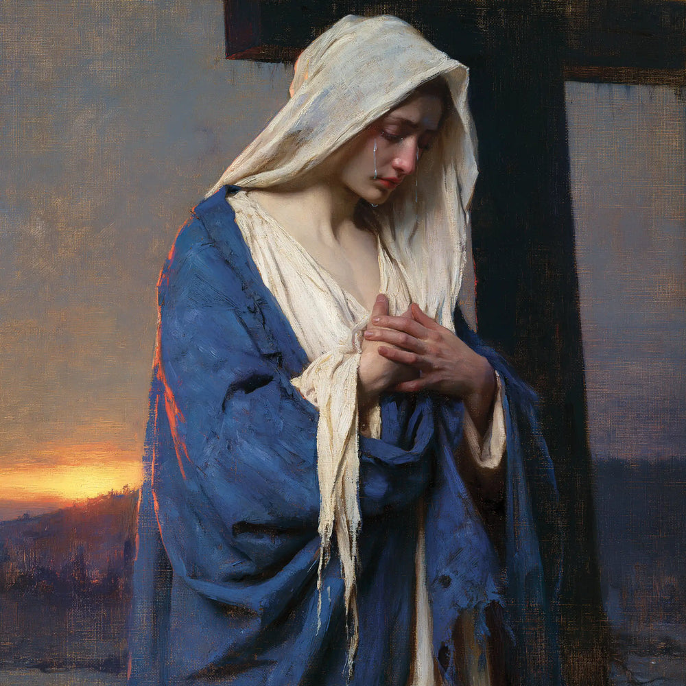 Our Lady of Sorrows between grief and hope in Sorrow and Hope style, square Christian artwork no. 11