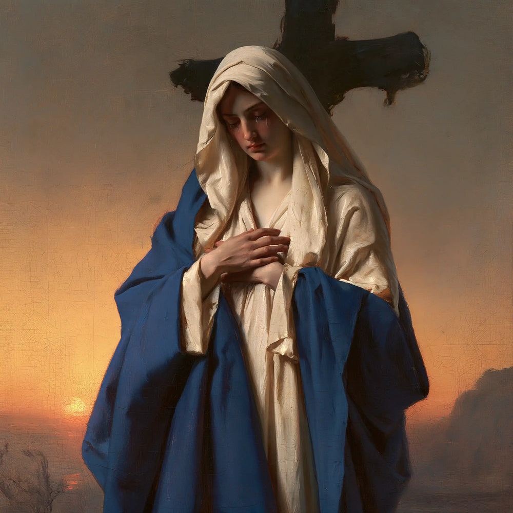 Our Lady of Sorrows between grief and hope in Sorrow and Hope style, square Christian artwork no. 13
