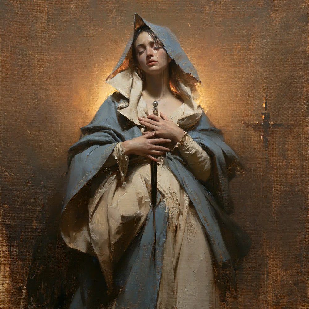 Our Lady of Sorrows with the Sword of Simeon in The Sword of Simeon style, square Christian artwork no. 1