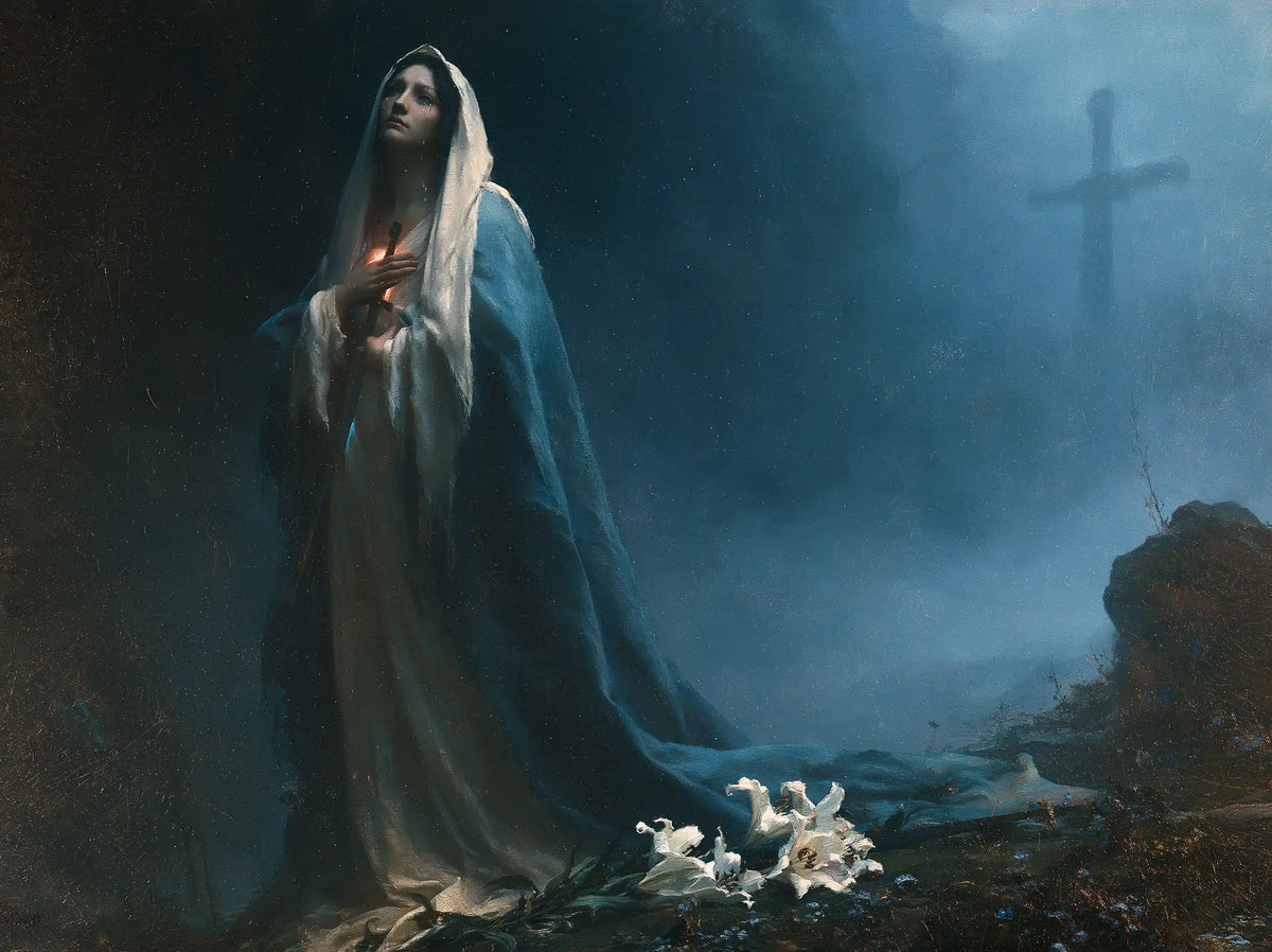 Our Lady of Sorrows in a symbolist composition in Symbolist style, landscape Christian artwork no. 7