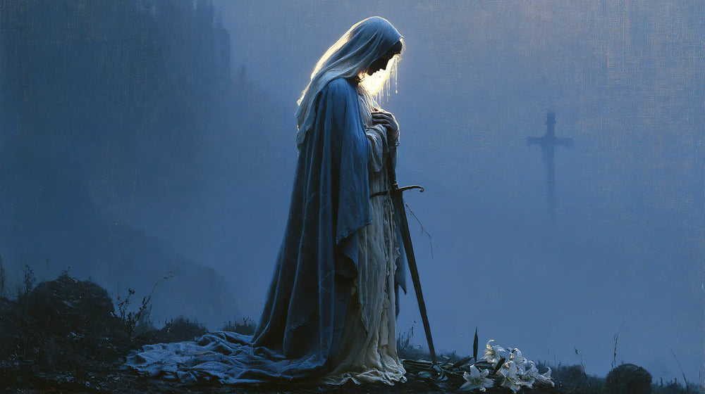 Our Lady of Sorrows in a symbolist composition in Symbolist style, landscape Christian artwork no. 8