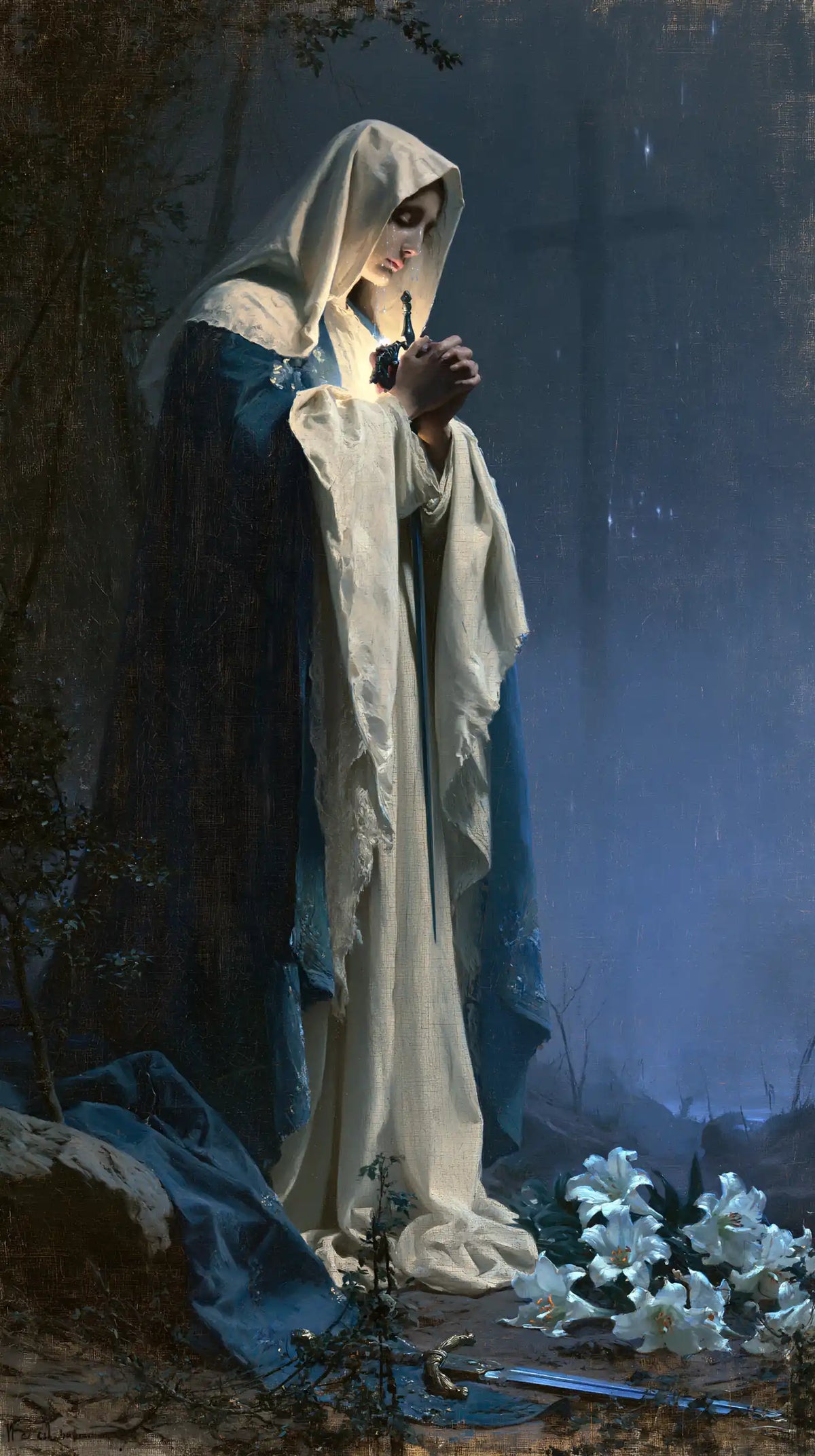 Our Lady of Sorrows in a symbolist composition in Symbolist style, portrait Christian artwork no. 8