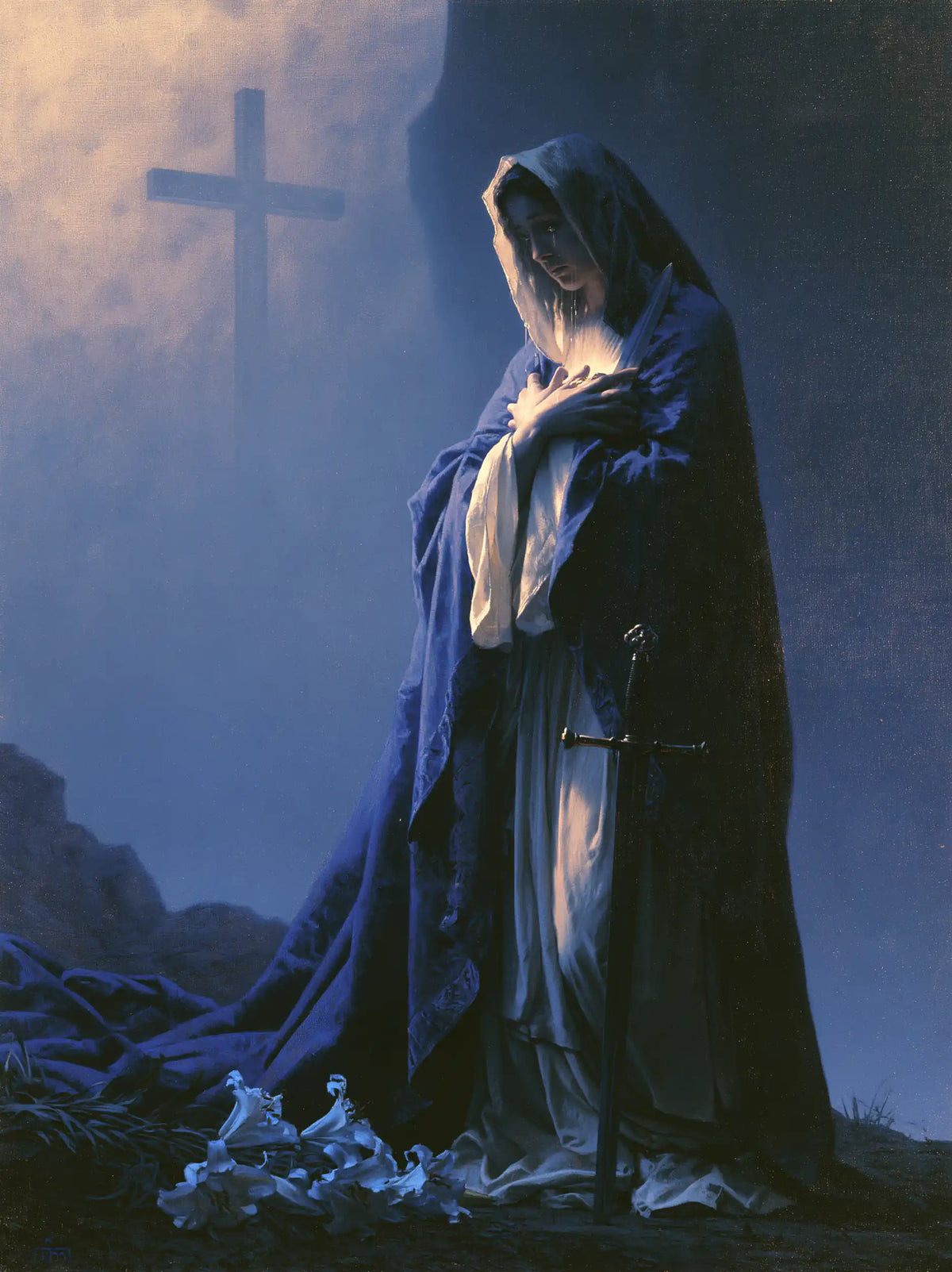 Our Lady of Sorrows in a symbolist composition in Symbolist style, portrait Christian artwork no. 12