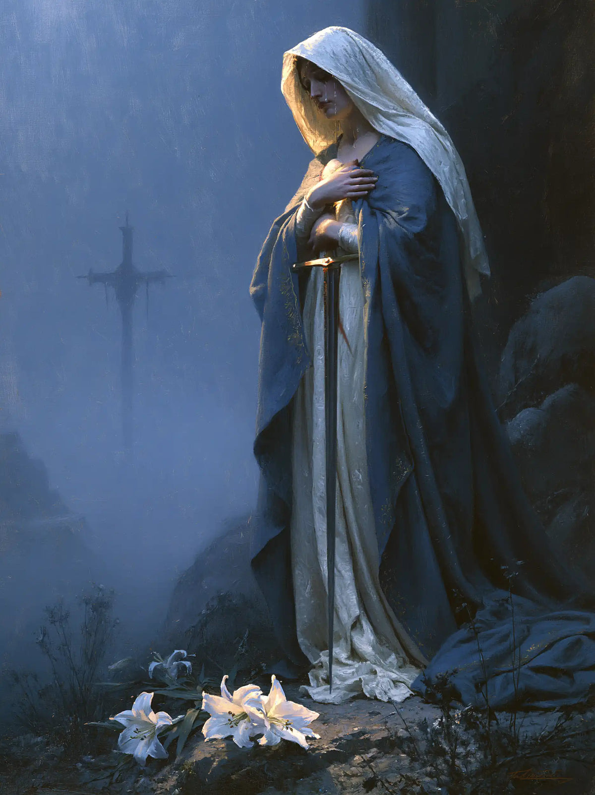 Our Lady of Sorrows in a symbolist composition in Symbolist style, portrait Christian artwork no. 13