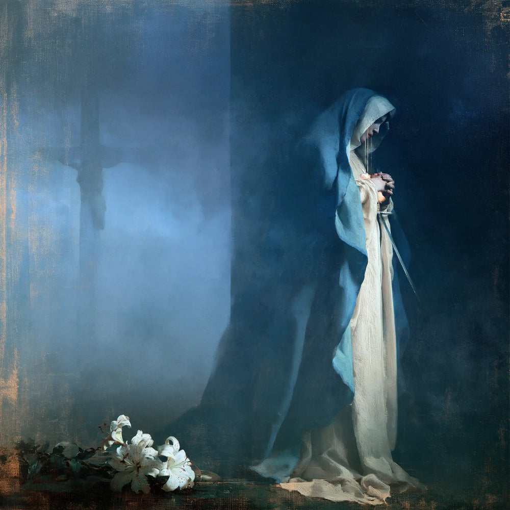 Our Lady of Sorrows in a symbolist composition in Symbolist style, square Christian artwork no. 1