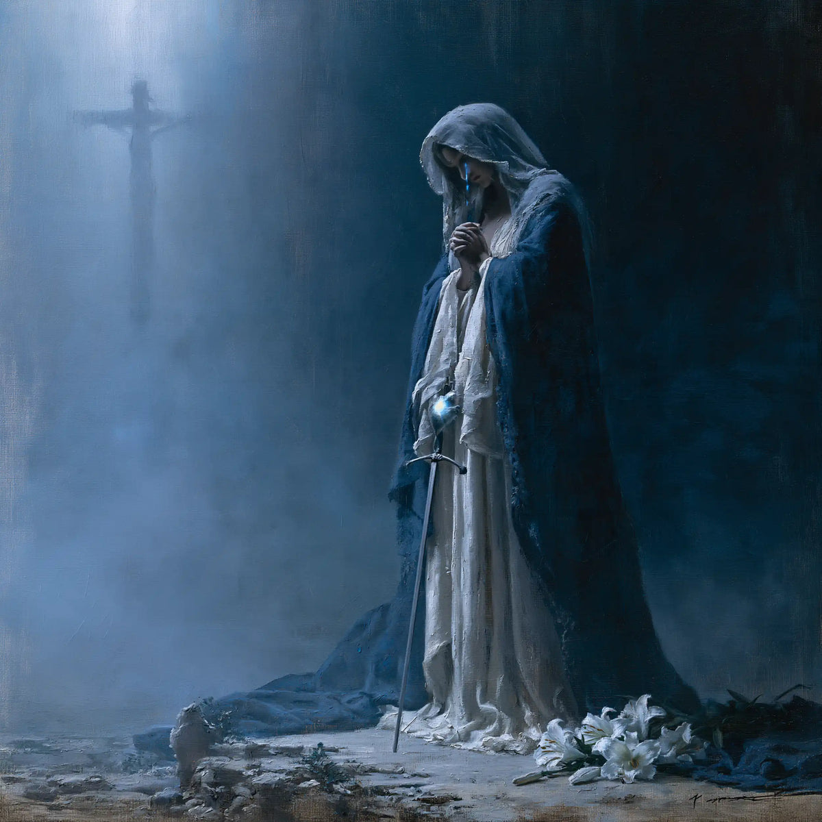 Our Lady of Sorrows in a symbolist composition in Symbolist style, square Christian artwork no. 5