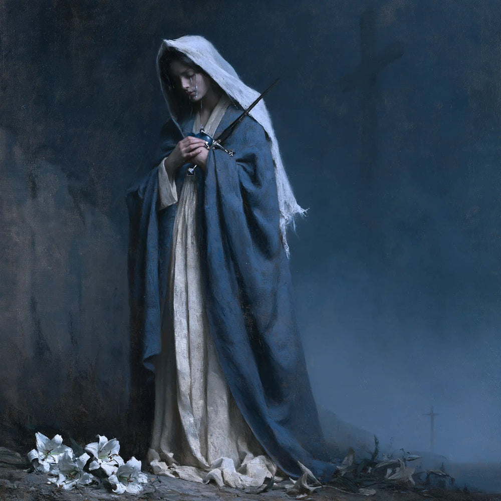Our Lady of Sorrows in a symbolist composition in Symbolist style, square Christian artwork no. 8