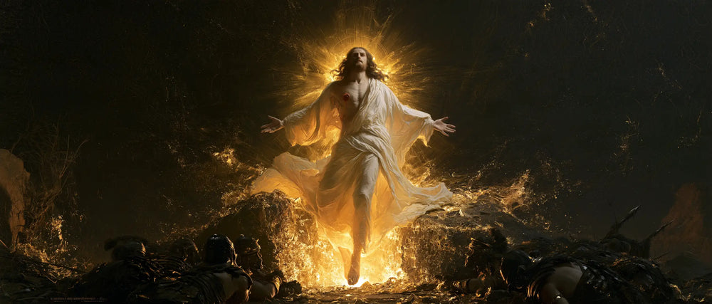 Resurrection of Jesus Christ in Black and Gold style, landscape Christian artwork no. 20