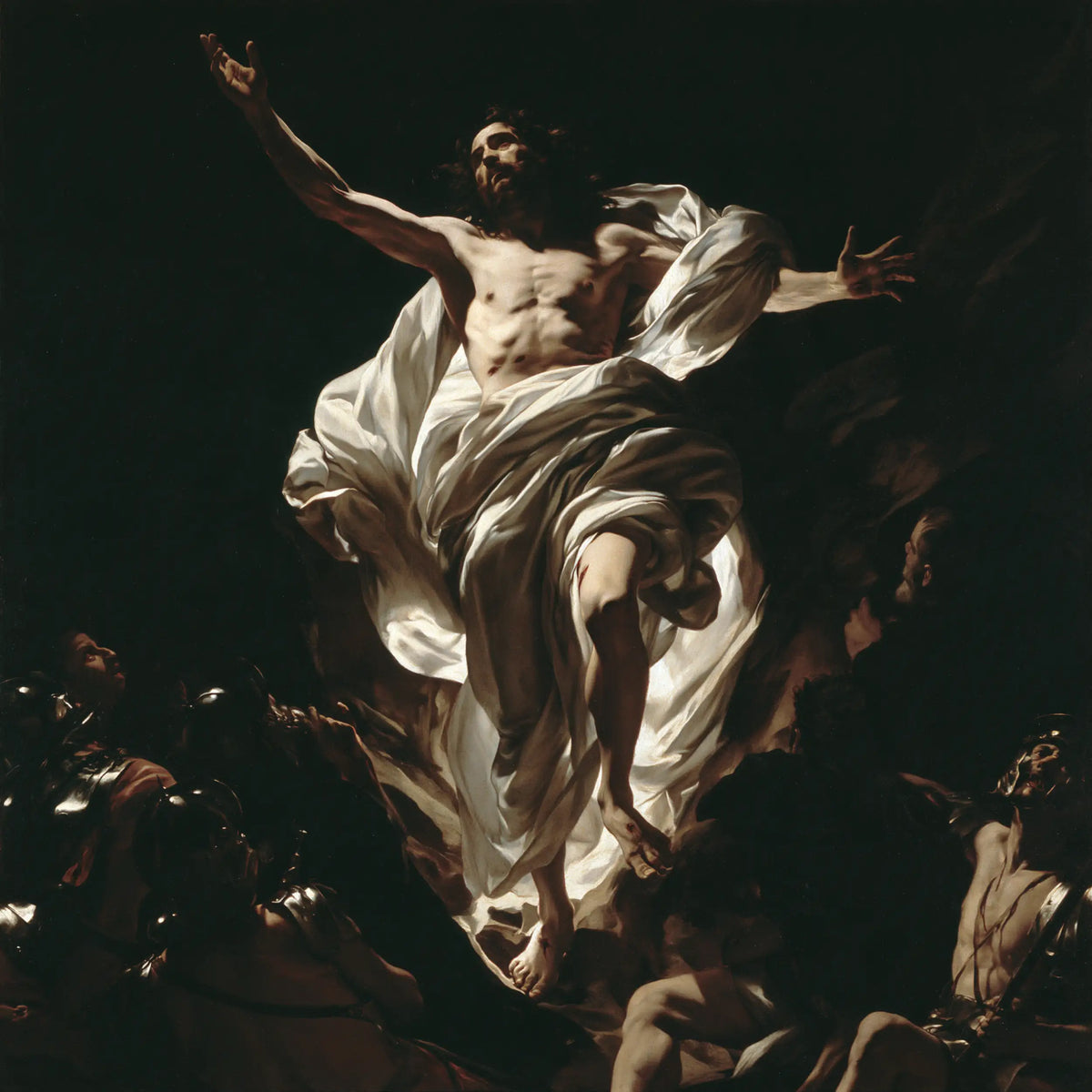Resurrection of Jesus Christ in Caravaggio Tenebrism style, square Christian artwork no. 1