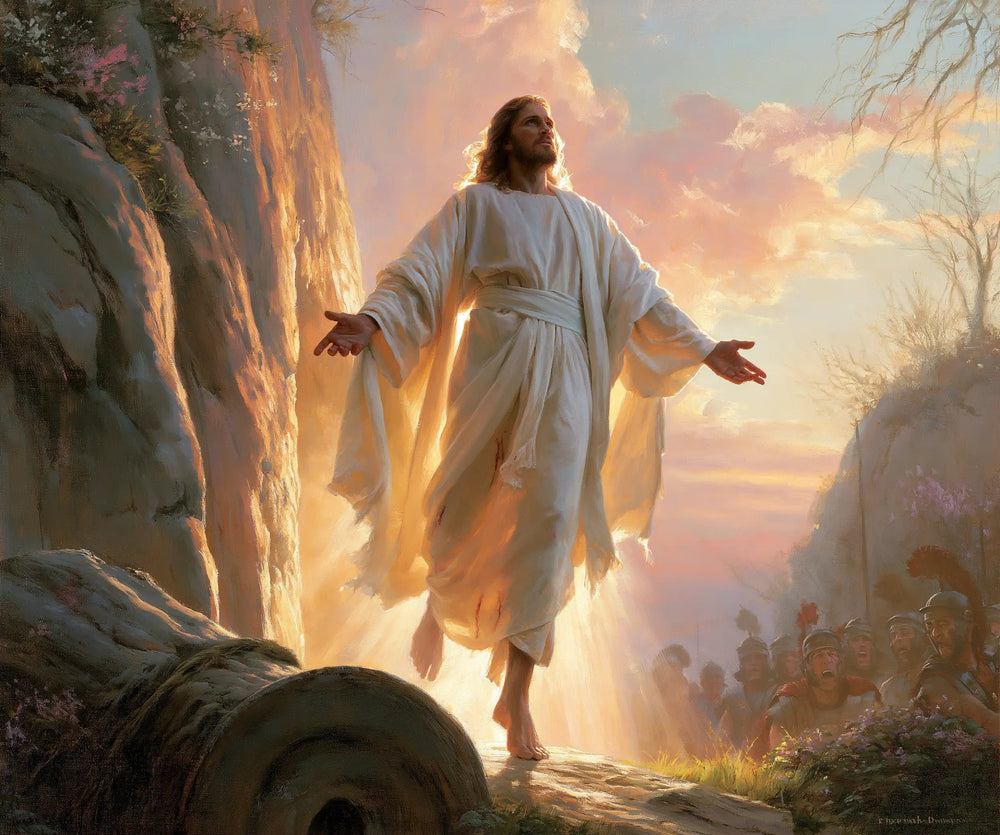 Resurrection of Jesus Christ in Divine Light style, landscape Christian artwork no. 1