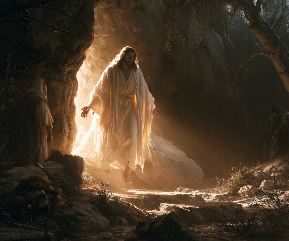 Resurrection of Jesus Christ in Explosion of Movement style, landscape Christian artwork no. 1
