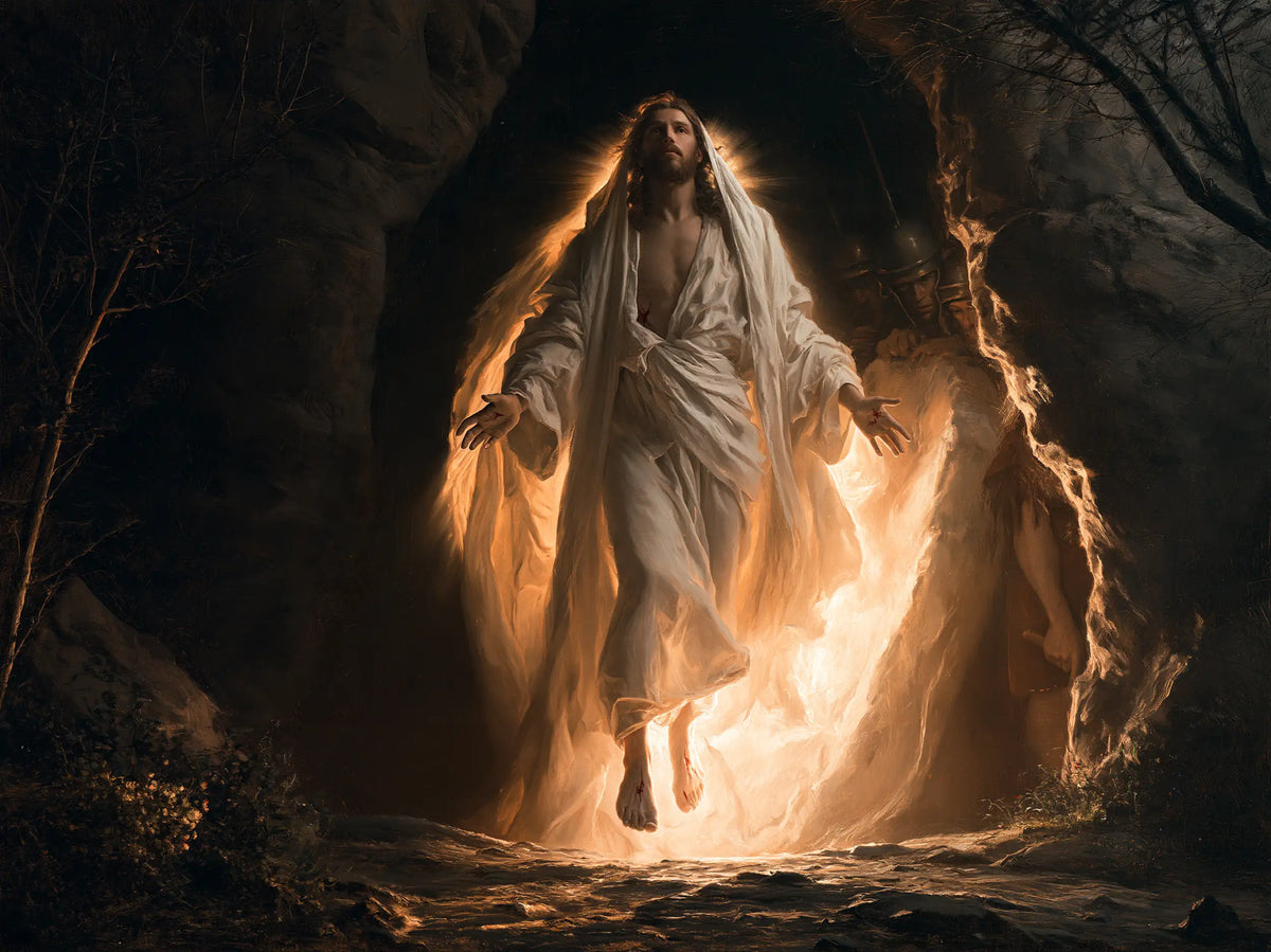 Resurrection of Jesus Christ in Explosion of Movement style, landscape Christian artwork no. 6