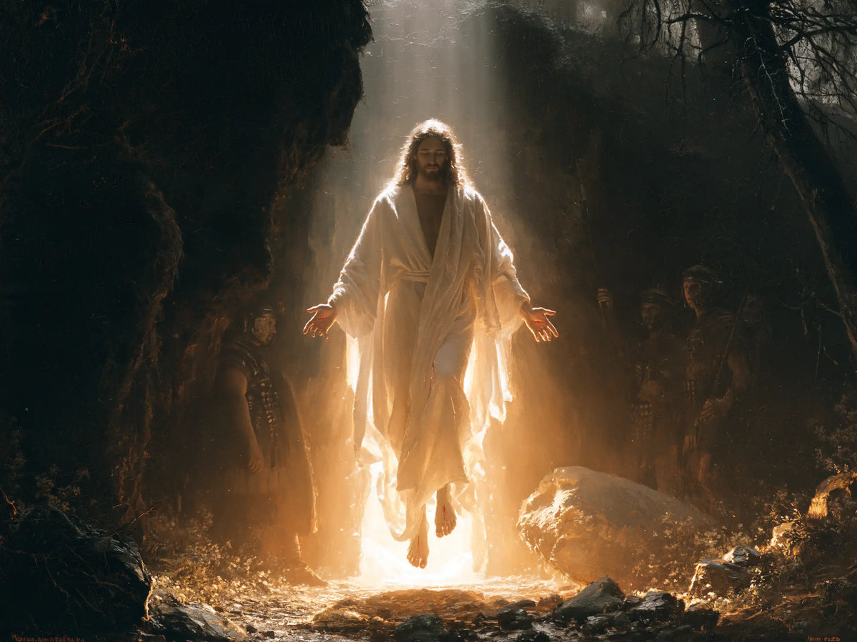 Resurrection of Jesus Christ in Explosion of Movement style, landscape Christian artwork no. 7
