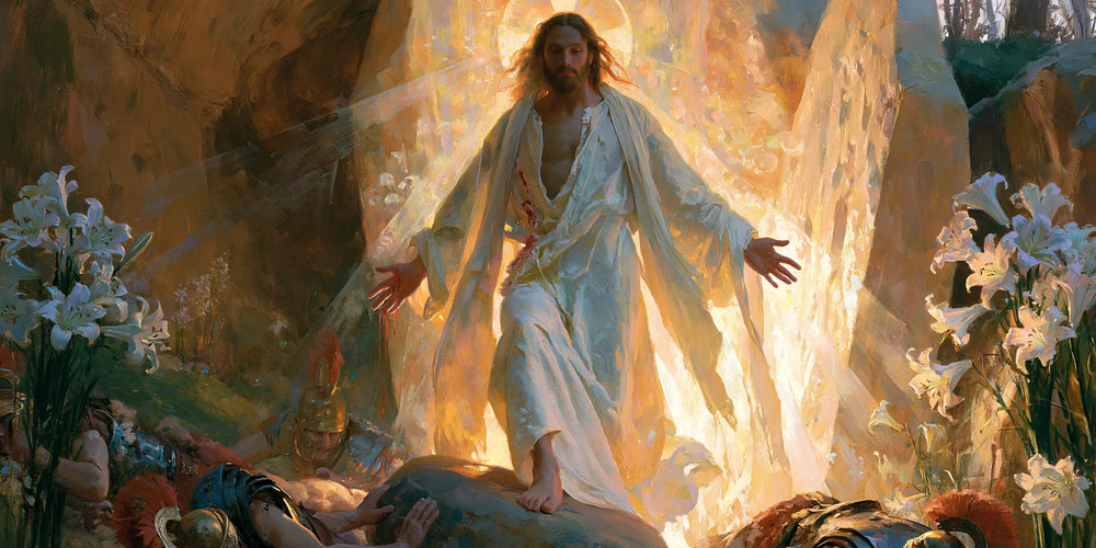 Resurrection of Jesus Christ in Expressionist style, landscape Christian artwork no. 17