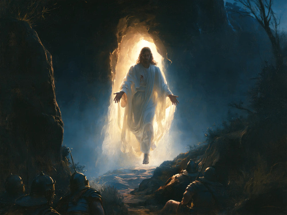 Resurrection of Jesus Christ in Midnight-blue Chiaroscuro style, landscape Christian artwork no. 9