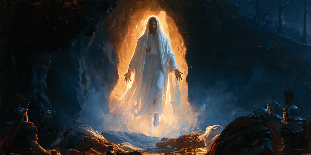 Resurrection of Jesus Christ in Midnight-blue Chiaroscuro style, landscape Christian artwork no. 24