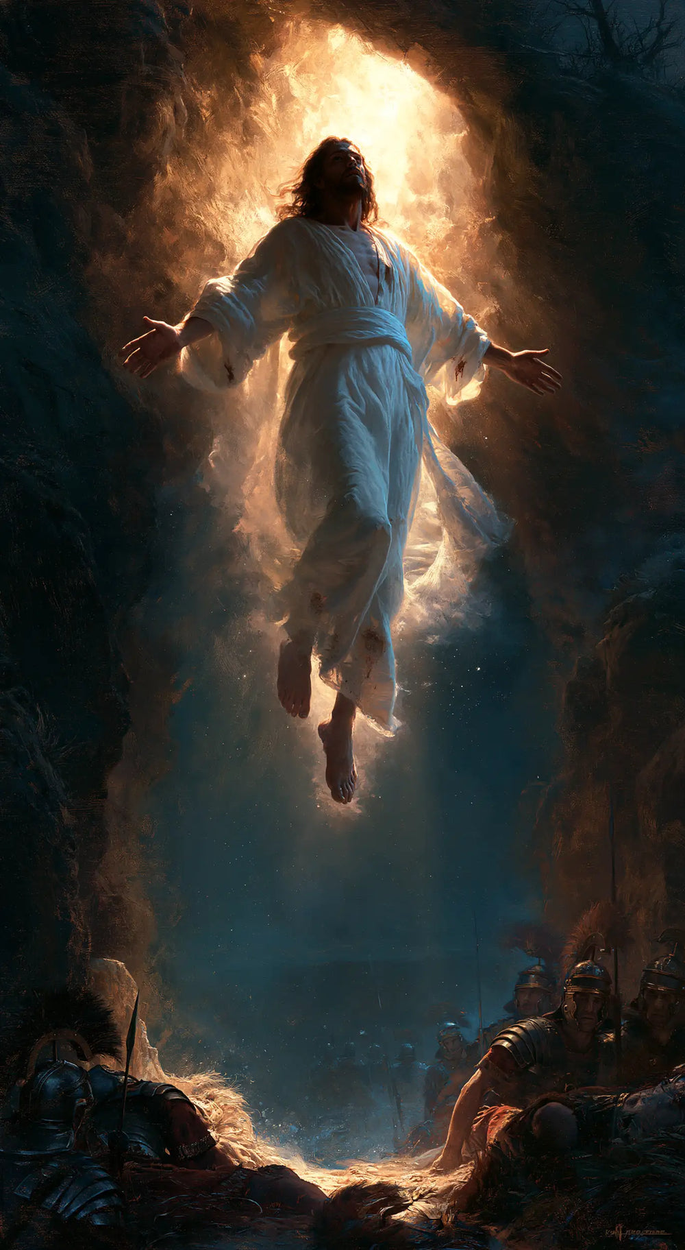 Resurrection of Jesus Christ in Midnight-blue Chiaroscuro style, portrait Christian artwork no. 6