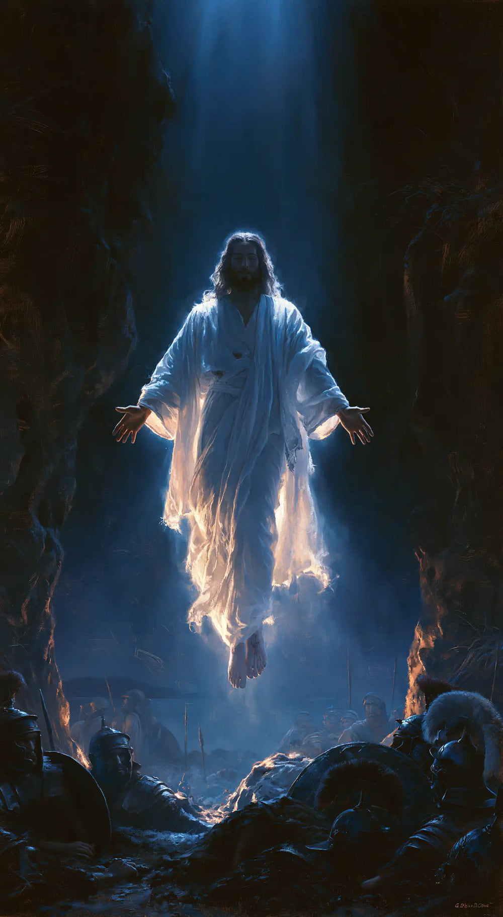 Resurrection of Jesus Christ in Midnight-blue Chiaroscuro style, portrait Christian artwork no. 8