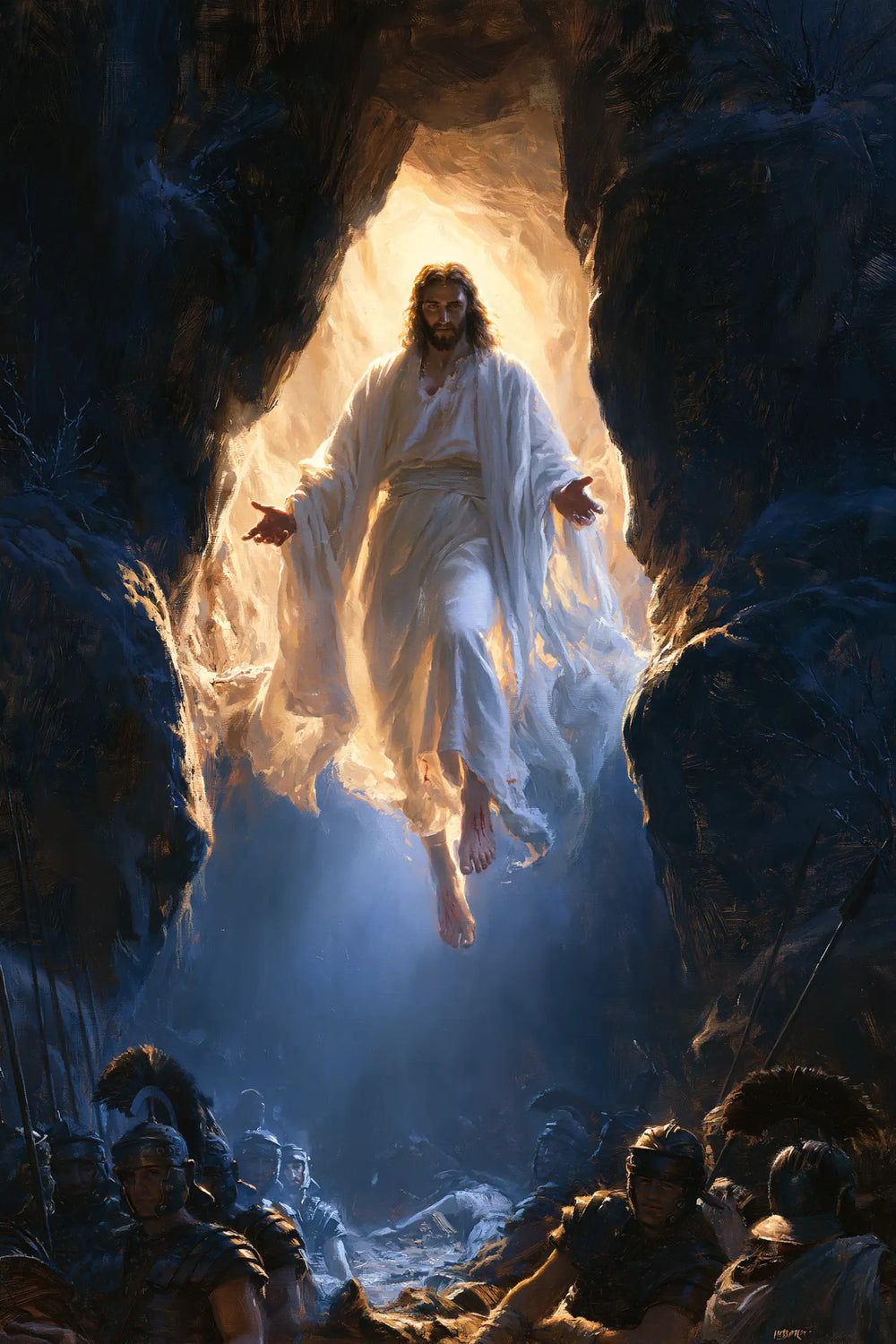 Resurrection of Jesus Christ in Midnight-blue Chiaroscuro style, portrait Christian artwork no. 12