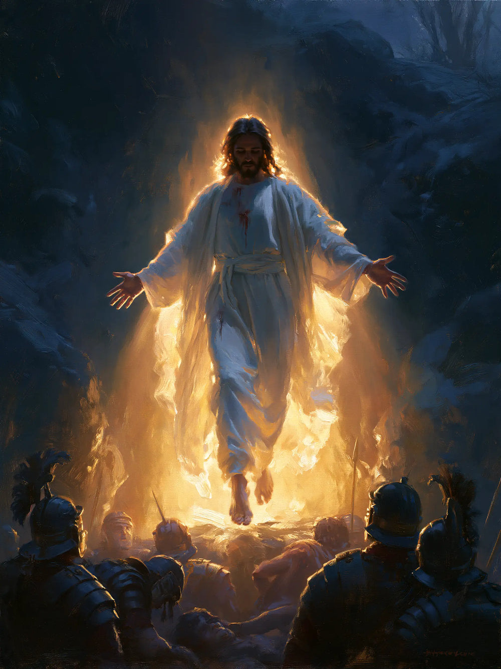 Resurrection of Jesus Christ in Midnight-blue Chiaroscuro style, portrait Christian artwork no. 15