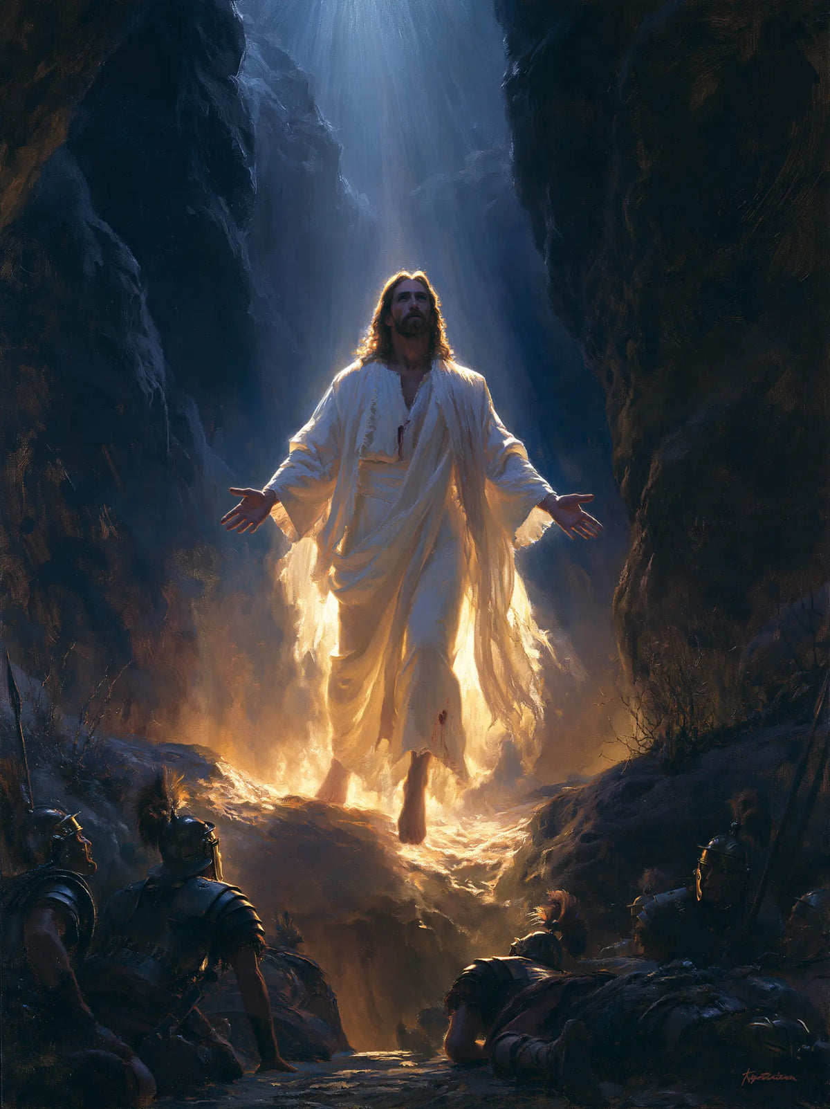 Resurrection of Jesus Christ in Midnight-blue Chiaroscuro style, portrait Christian artwork no. 18