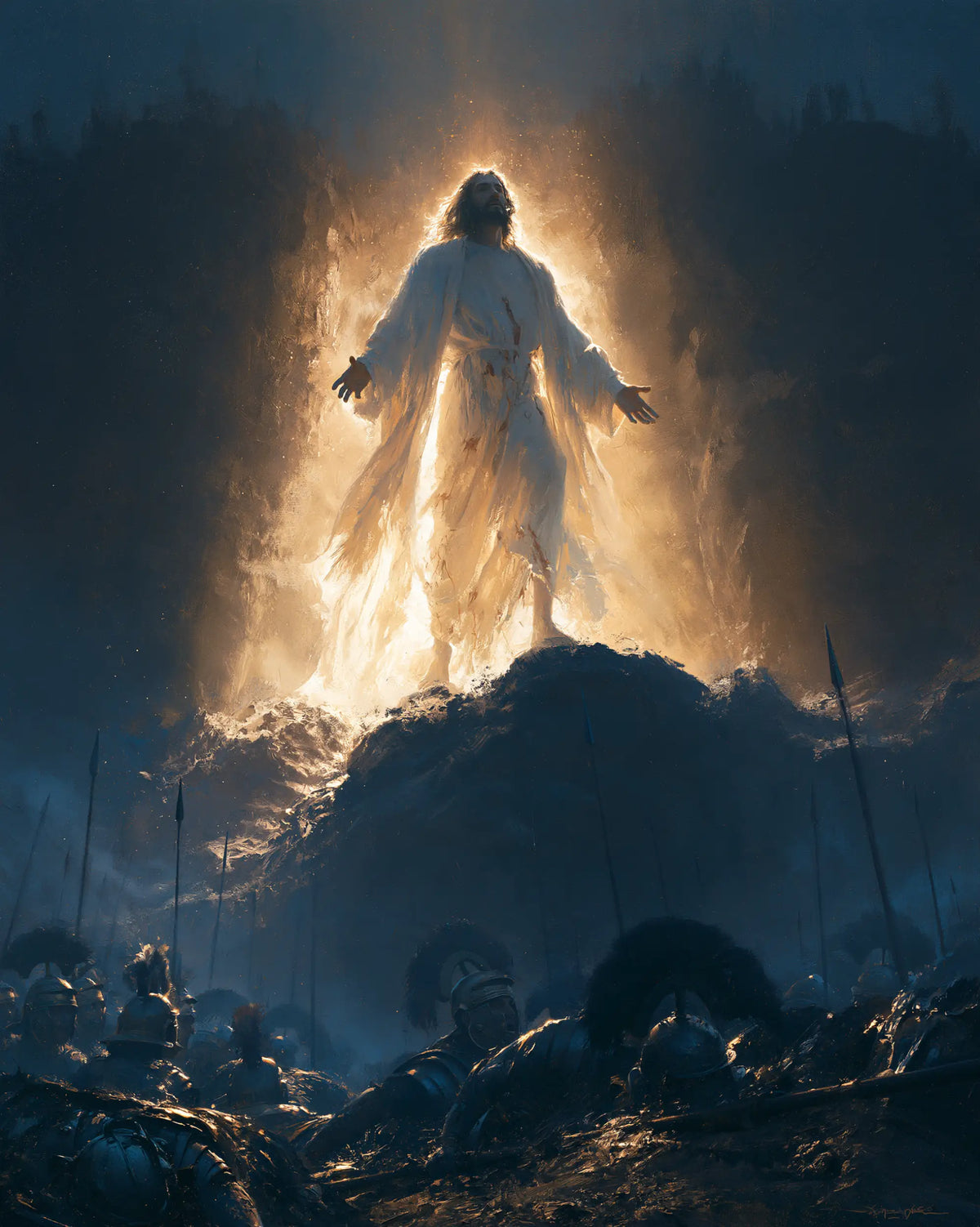 Resurrection of Jesus Christ in Midnight-blue Chiaroscuro style, portrait Christian artwork no. 21