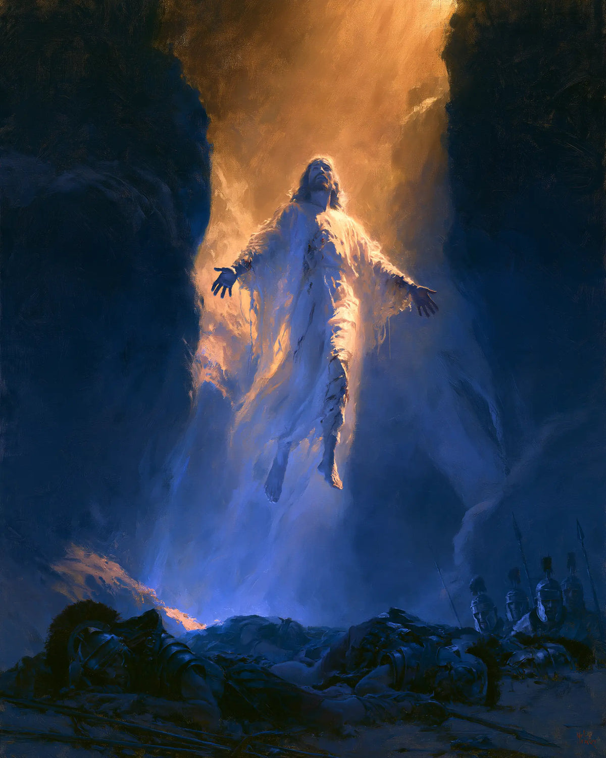 Resurrection of Jesus Christ in Midnight-blue Chiaroscuro style, portrait Christian artwork no. 22