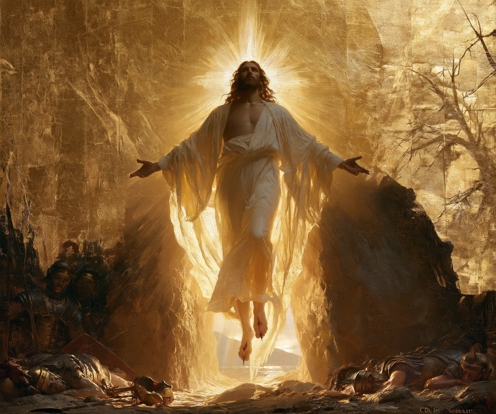 Resurrection of Jesus Christ in Sacred Gold style, landscape Christian artwork no. 2