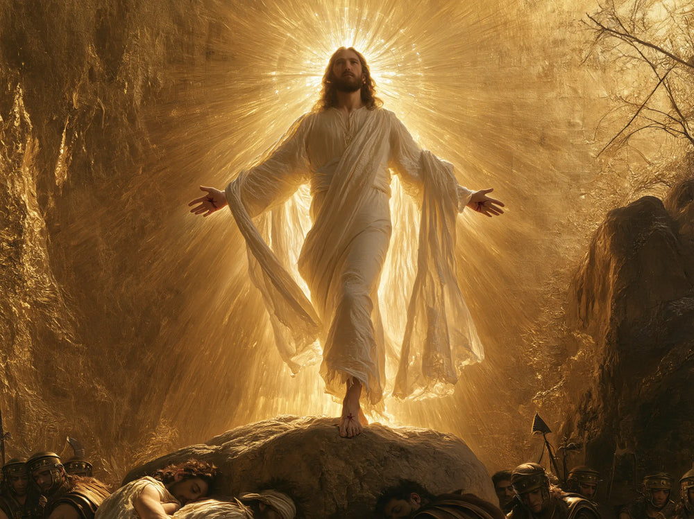 Resurrection of Jesus Christ in Sacred Gold style, landscape Christian artwork no. 10
