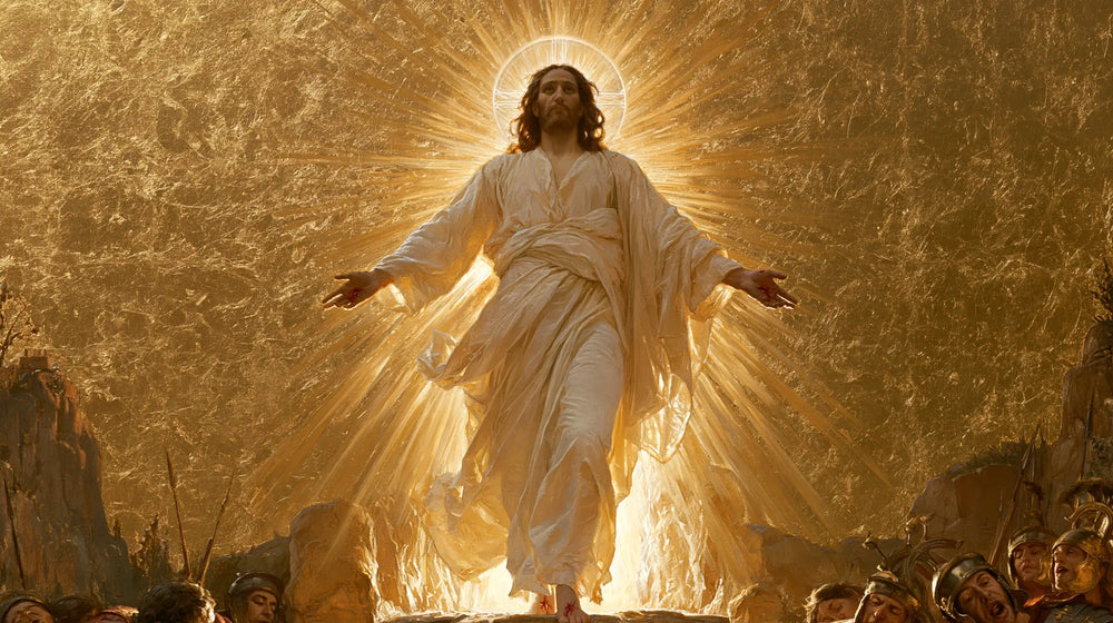 Resurrection of Jesus Christ in Sacred Gold style, landscape Christian artwork no. 14