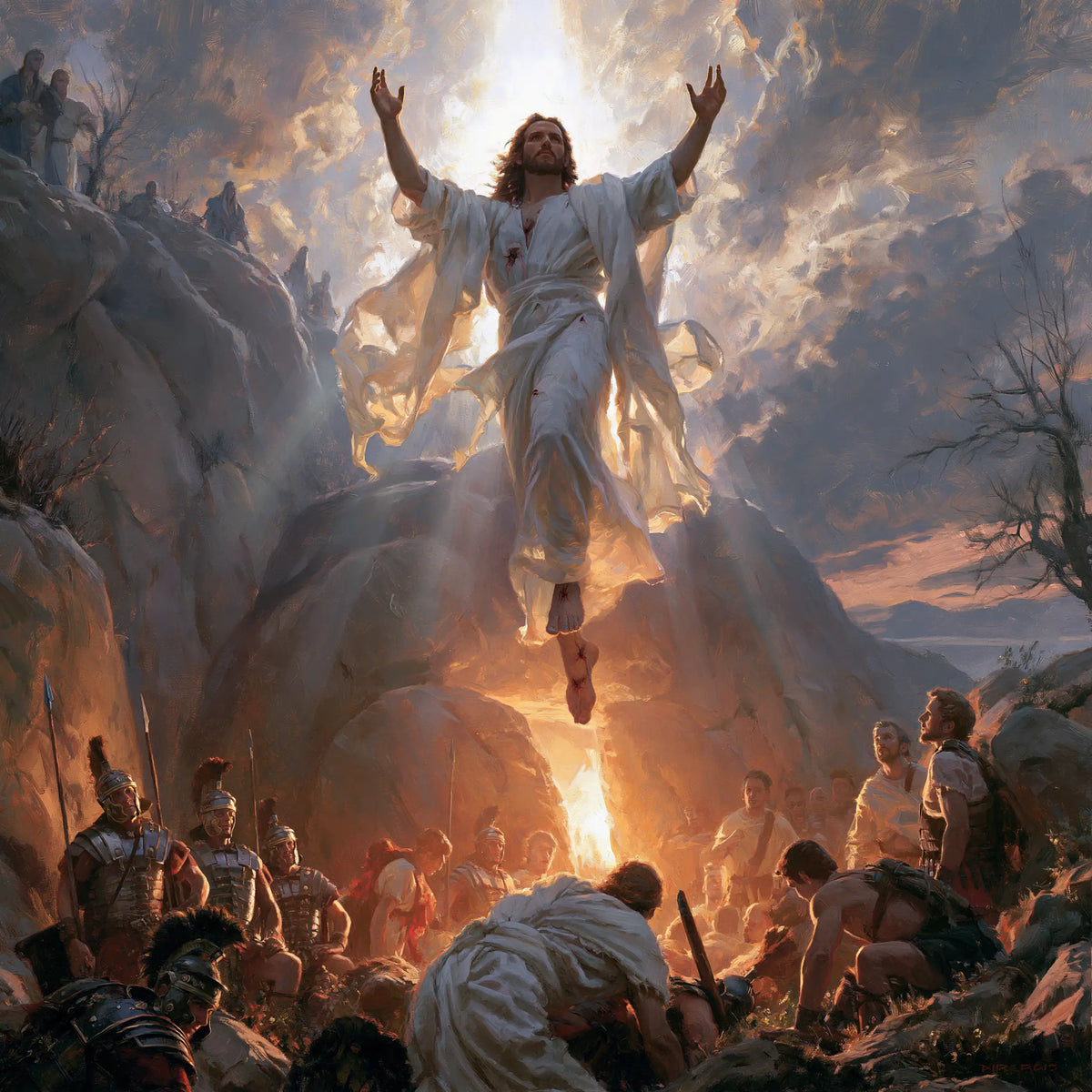 Resurrection of Jesus Christ in Sacred Monumental View style, square Christian artwork no. 1
