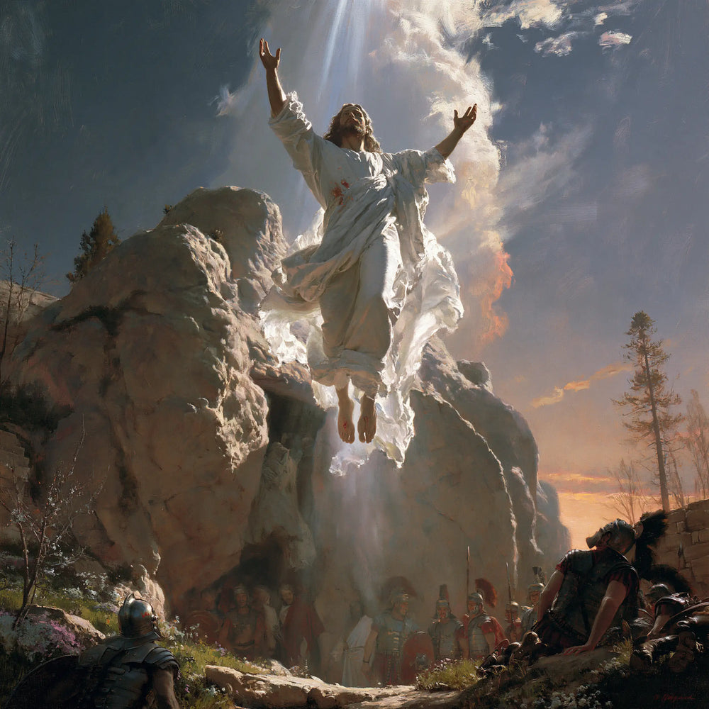 Resurrection of Jesus Christ in Sacred Monumental View style, square Christian artwork no. 3